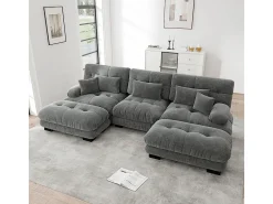 Sofá nuvem extragrande em forma de U, sofá-cama convertível com apoio para os pés, chenille, cinza