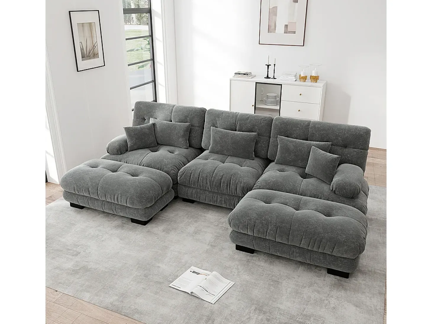 Sofá nuvem extragrande em forma de U, sofá-cama convertível com apoio para os pés, chenille, cinza
