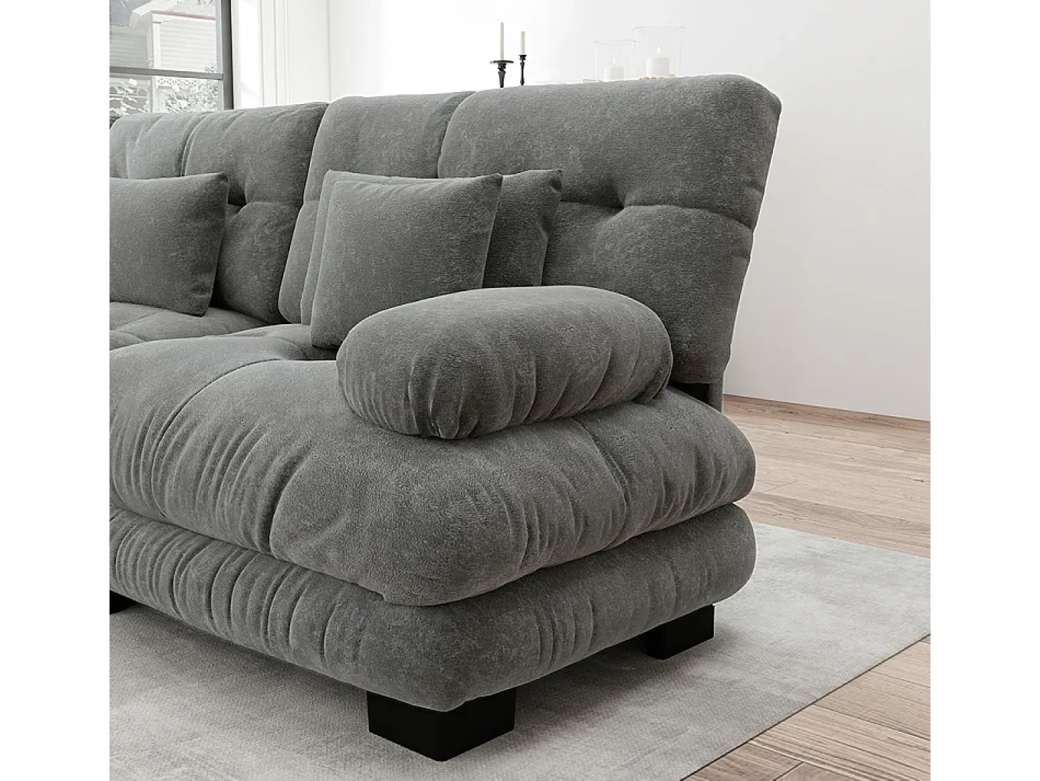 Sofá nuvem extragrande em forma de U, sofá-cama convertível com apoio para os pés, chenille, cinza