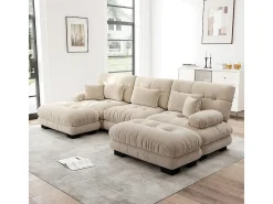 Sofá nuvem extragrande em forma de U, sofá-cama convertível com apoio para os pés, chenille, bege