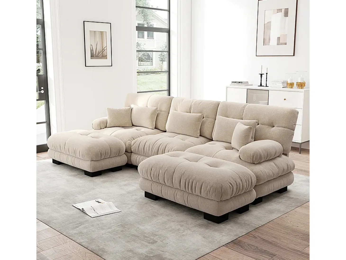 Sofá nuvem extragrande em forma de U, sofá-cama convertível com apoio para os pés, chenille, bege