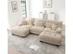 Sofá nuvem extragrande em forma de U, sofá-cama convertível com apoio para os pés, chenille, bege