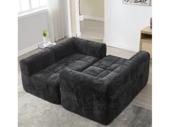 Sofá preto de 2 lugares - Sofá reto com almofadas e compartimentos de arrumação - chenille - padrão neve