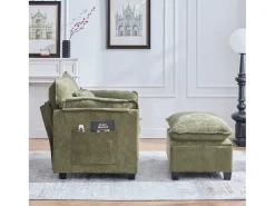 Sofá verde com bolsos laterais e apoio para os pés - Chenille - para sala de estar e quarto