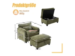 Sofá verde com bolsos laterais e apoio para os pés - Chenille - para sala de estar e quarto