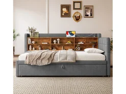 Sofá-cama 90×200 cm - com cama extra - porta USB + Type C - com prateleira de armazenamento - linho - cinza (colchão não incluído)