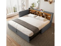 Sofá-cama 90×200 cm - com cama extra - porta USB + Type C - com prateleira de armazenamento - linho - cinza (colchão não incluído)