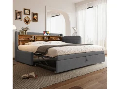 Sofá-cama 90×200 cm - com cama extra - porta USB + Type C - com prateleira de armazenamento - linho - cinza (colchão não incluído)