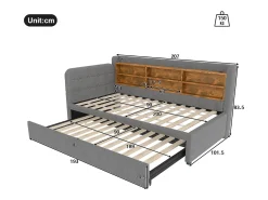 Sofá-cama 90×200 cm - com cama extra - porta USB + Type C - com prateleira de armazenamento - linho - cinza (colchão não incluído)