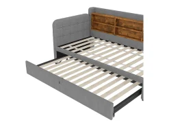 Sofá-cama 90×200 cm - com cama extra - porta USB + Type C - com prateleira de armazenamento - linho - cinza (colchão não incluído)