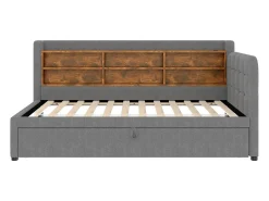 Sofá-cama 90×200 cm - com cama extra - porta USB + Type C - com prateleira de armazenamento - linho - cinza (colchão não incluído)