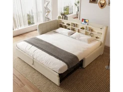 Sofá-cama 90×200 cm - com cama extra - porta USB + Type C - com prateleira de armazenamento - linho - bege (colchão não incluído)