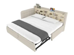 Sofá-cama 90×200 cm - com cama extra - porta USB + Type C - com prateleira de armazenamento - linho - bege (colchão não incluído)