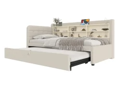 Sofá-cama 90×200 cm - com cama extra - porta USB + Type C - com prateleira de armazenamento - linho - bege (colchão não incluído)