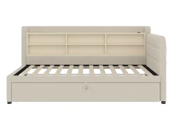 Sofá-cama 90×200 cm - com cama extra - porta USB + Type C - com prateleira de armazenamento - linho - bege (colchão não incluído)
