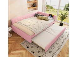 Sofá-cama 140×200 cm - com cama ninho - com porta USB + Type-C - rosa (sem colchão)