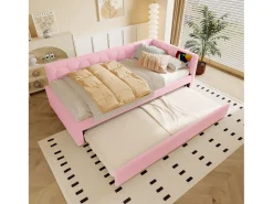 Sofá-cama 90×200 cm - com cama ninho - com porta USB + Type-C - rosa (sem colchão)