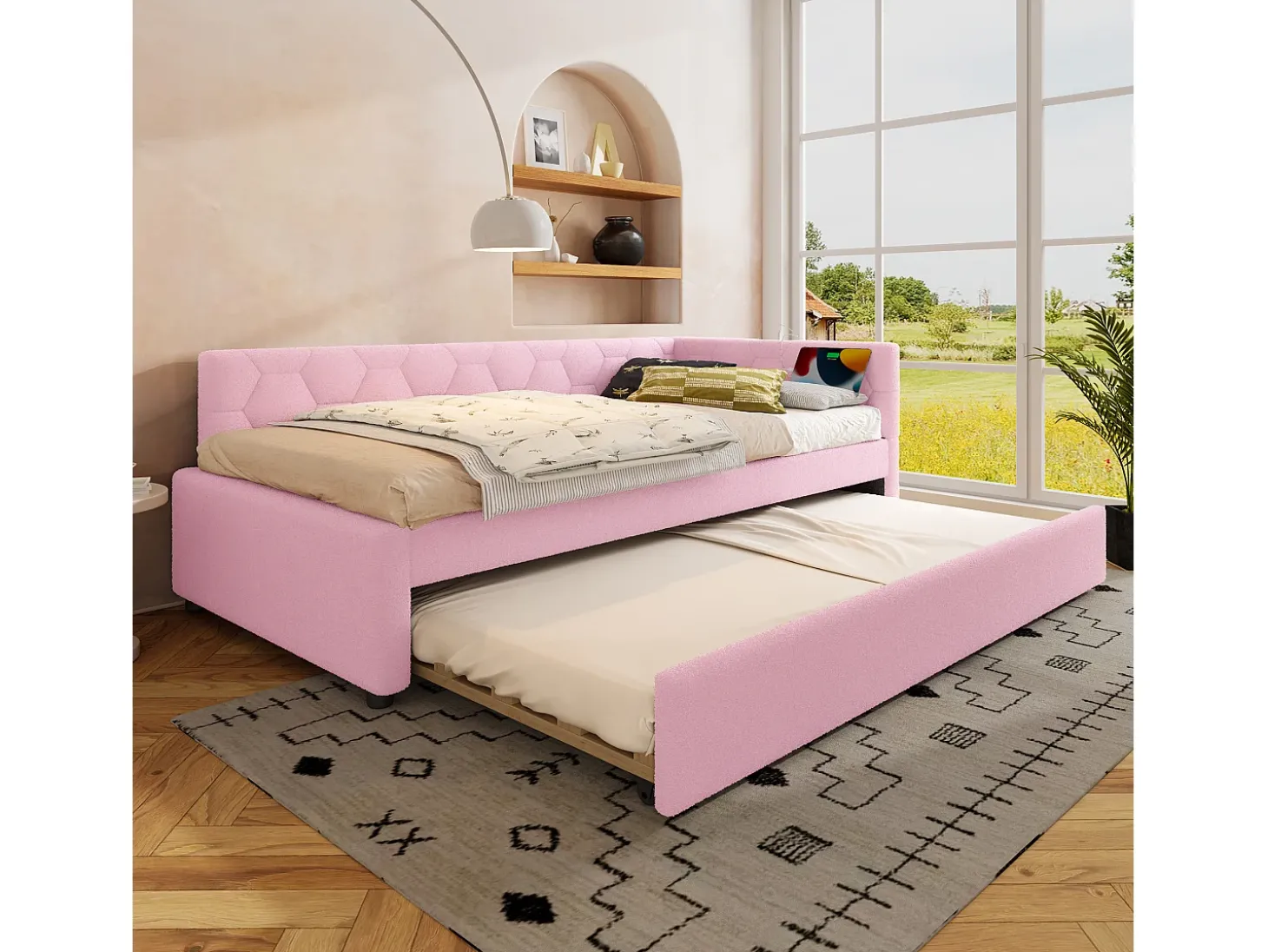 Sofá-cama 90×200 cm - com cama ninho - com porta USB + Type-C - rosa (sem colchão)