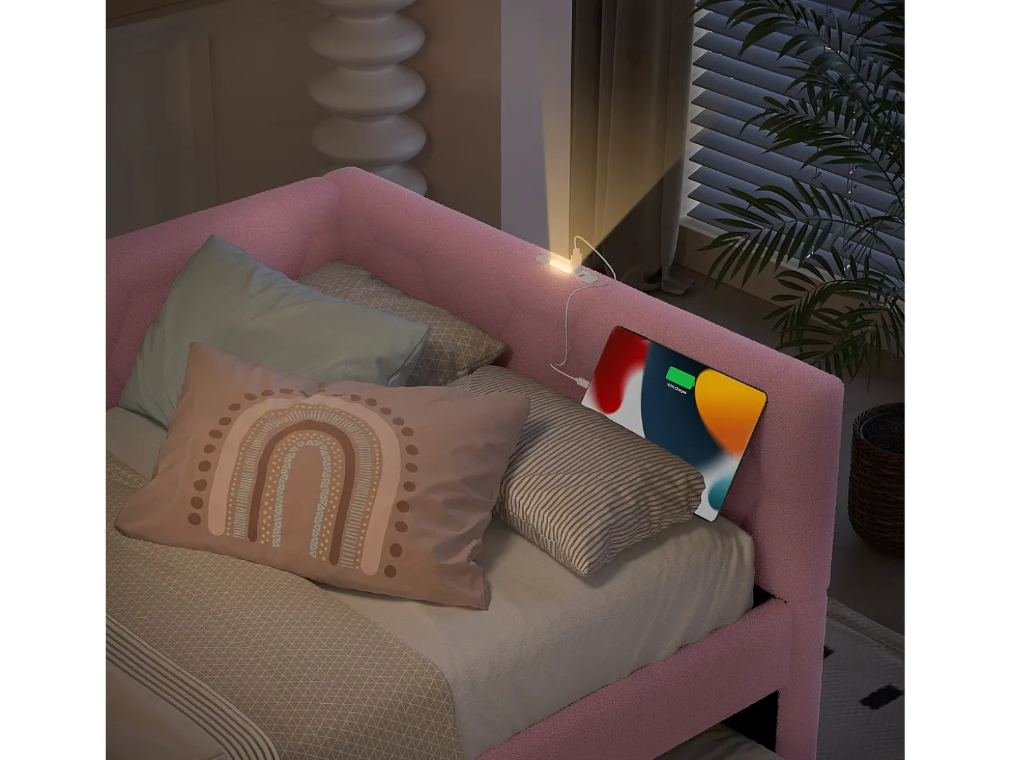 Sofá-cama 90×200 cm - com cama ninho - com porta USB + Type-C - rosa (sem colchão)