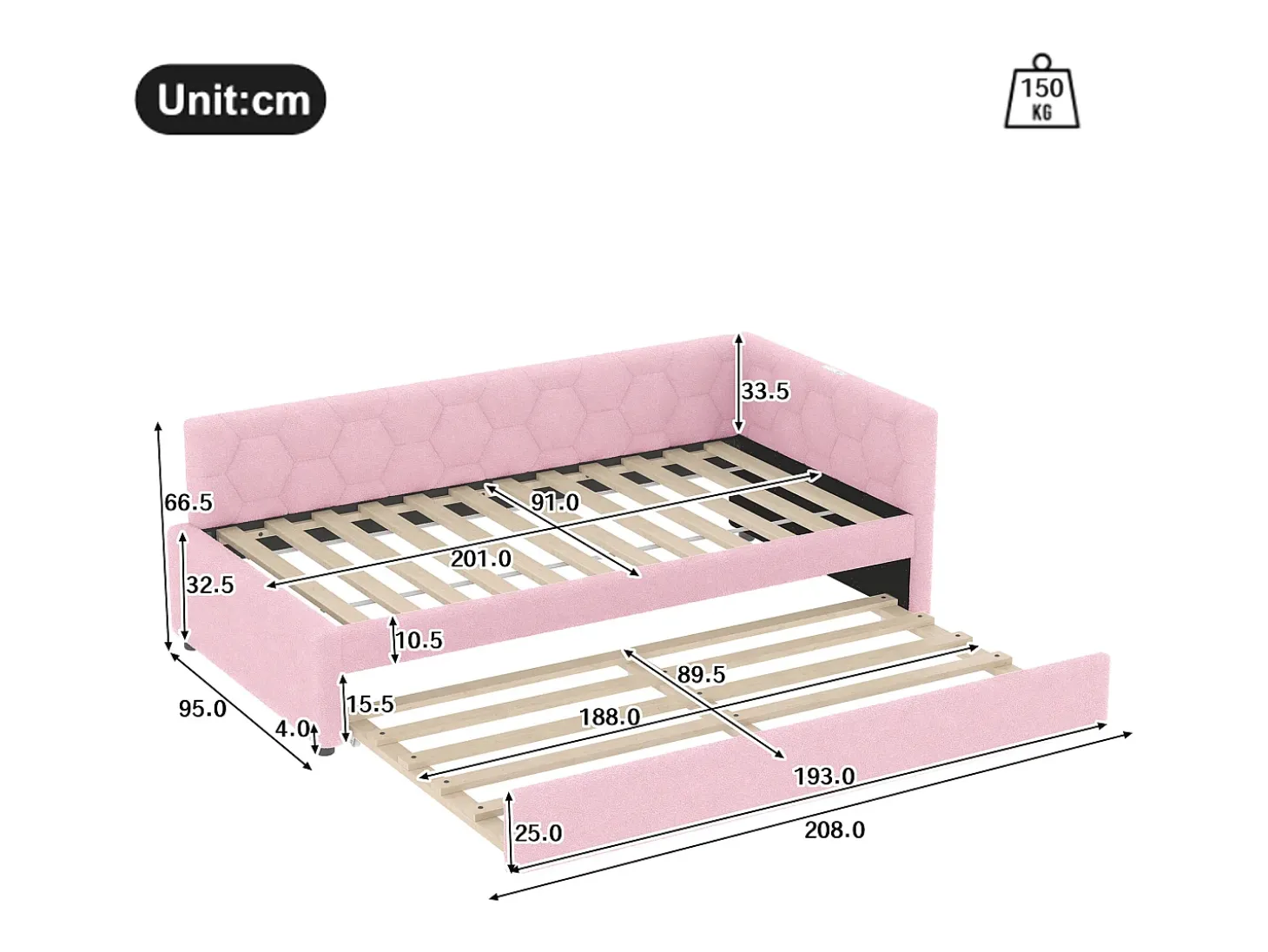 Sofá-cama 90×200 cm - com cama ninho - com porta USB + Type-C - rosa (sem colchão)