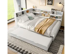 Sofá-cama 140×200 cm - com USB + Type-C - com armazenamento - com cama extra - branco (colchão não incluído)