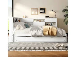 Sofá-cama 140×200 cm - com USB + Type-C - com armazenamento - com cama extra - branco (colchão não incluído)