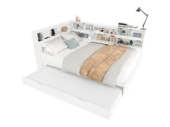 Sofá-cama 140×200 cm - com USB + Type-C - com armazenamento - com cama extra - branco (colchão não incluído)