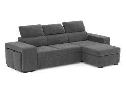 Sofá-cama 3 lugares Cinzento Escuro avec chaise longue reversível lado direito/esquerdoche - cabeceiras ajustáveis - 2 Poufs (263 x 127 x 96 cm) - JOHN