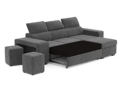 Sofá-cama 3 lugares Cinzento Escuro avec chaise longue reversível lado direito/esquerdoche - cabeceiras ajustáveis - 2 Poufs (263 x 127 x 96 cm) - JOHN
