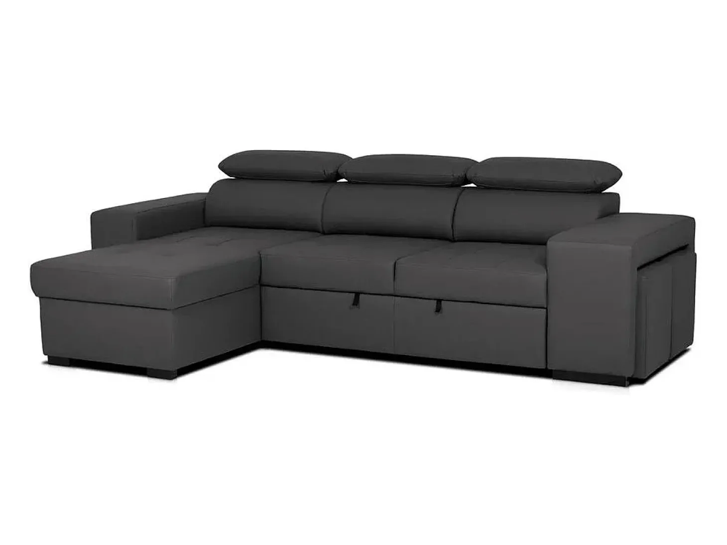 Sofá-cama 3 lugares Preto avec chaise longue reversível lado direito/esquerdoche - cabeceiras ajustáveis - 2 Poufs (263 x 127 x 96 cm) - JOHN