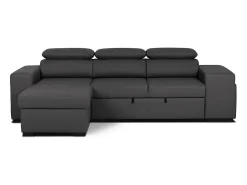 Sofá-cama 3 lugares Preto avec chaise longue reversível lado direito/esquerdoche - cabeceiras ajustáveis - 2 Poufs (263 x 127 x 96 cm) - JOHN