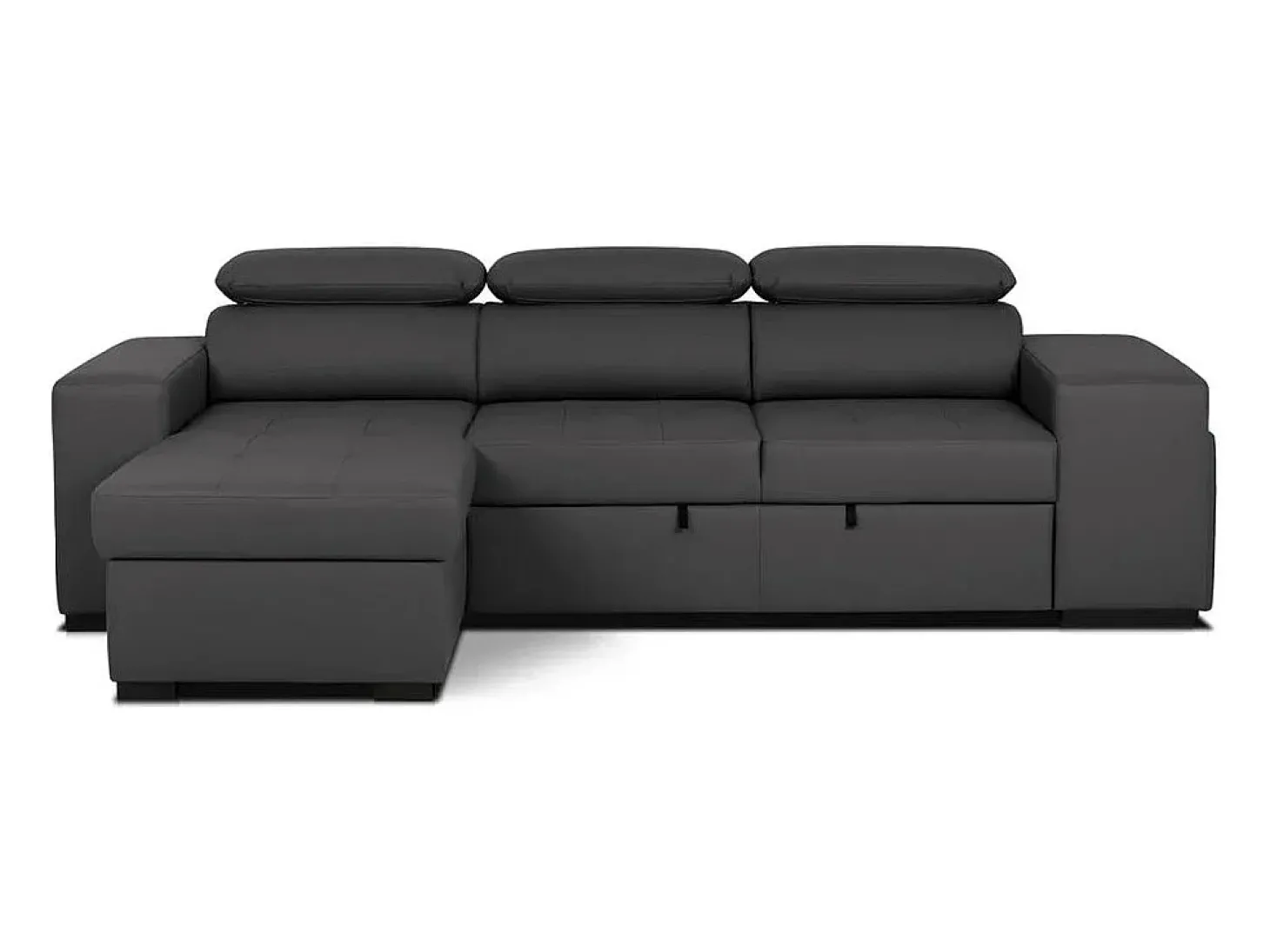 Sofá-cama 3 lugares Preto avec chaise longue reversível lado direito/esquerdoche - cabeceiras ajustáveis - 2 Poufs (263 x 127 x 96 cm) - JOHN