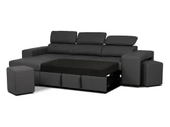 Sofá-cama 3 lugares Preto avec chaise longue reversível lado direito/esquerdoche - cabeceiras ajustáveis - 2 Poufs (263 x 127 x 96 cm) - JOHN