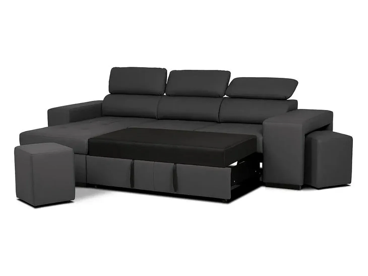 Sofá-cama 3 lugares Preto avec chaise longue reversível lado direito/esquerdoche - cabeceiras ajustáveis - 2 Poufs (263 x 127 x 96 cm) - JOHN