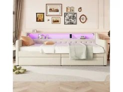 Sofá-cama 90 x 200 cm com LED, USB e 2 gavetas - Tecido de linho bege - Colchão não incluído