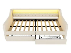 Sofá-cama 90 x 200 cm com LED, USB e 2 gavetas - Tecido de linho bege - Colchão não incluído