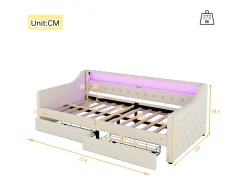 Sofá-cama 90 x 200 cm com LED, USB e 2 gavetas - Tecido de linho bege - Colchão não incluído