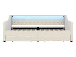 Sofá-cama 90 x 200 cm com LED, USB e 2 gavetas - Tecido de linho bege - Colchão não incluído