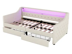 Sofá-cama 90 x 200 cm com LED, USB e 2 gavetas - Tecido de linho bege - Colchão não incluído