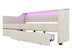 Sofá-cama 90 x 200 cm com LED, USB e 2 gavetas - Tecido de linho bege - Colchão não incluído