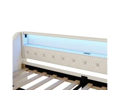 Sofá-cama 90 x 200 cm com LED, USB e 2 gavetas - Tecido de linho bege - Colchão não incluído