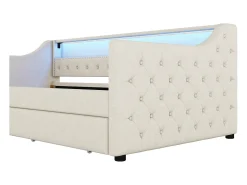 Sofá-cama 90 x 200 cm com LED, USB e 2 gavetas - Tecido de linho bege - Colchão não incluído