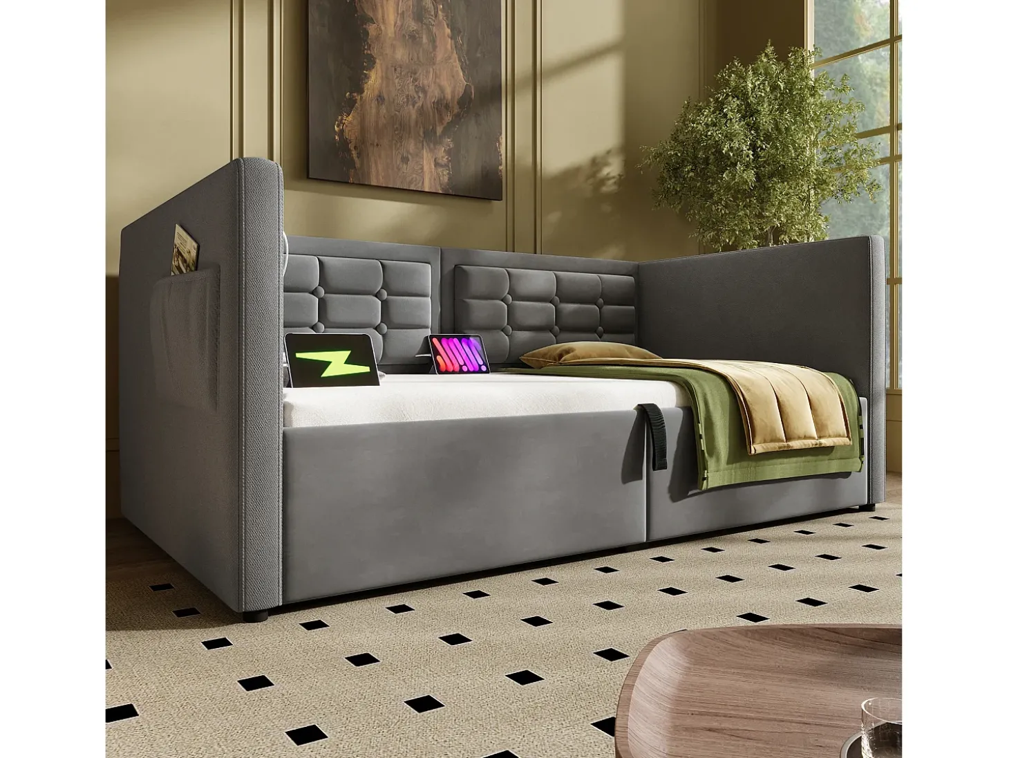 Sofá-cama acolchoado 90x200 cm - com espaço de armazenamento - com portas USB e Type-C - Veludo - Cinza