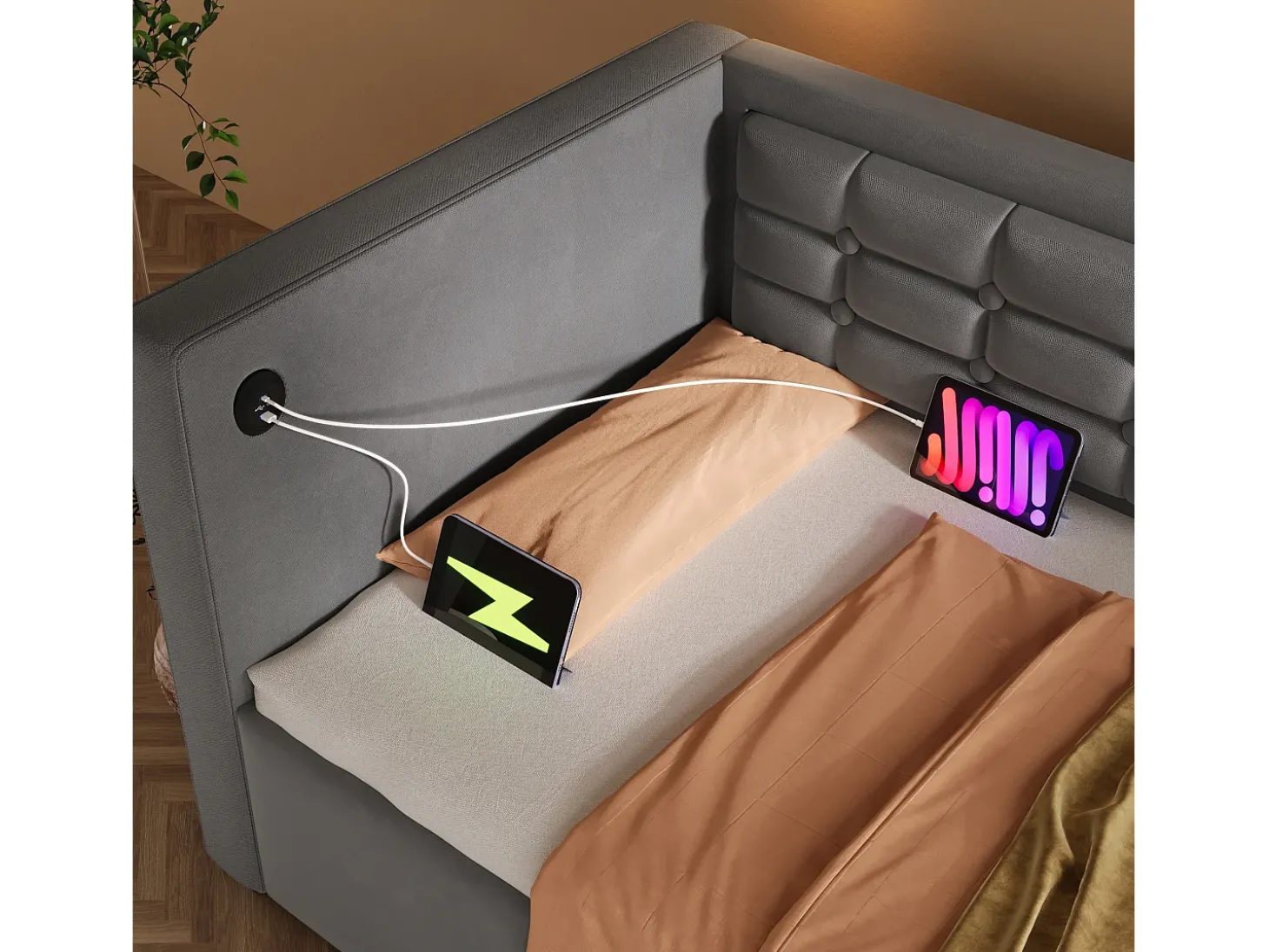 Sofá-cama acolchoado 90x200 cm - com espaço de armazenamento - com portas USB e Type-C - Veludo - Cinza