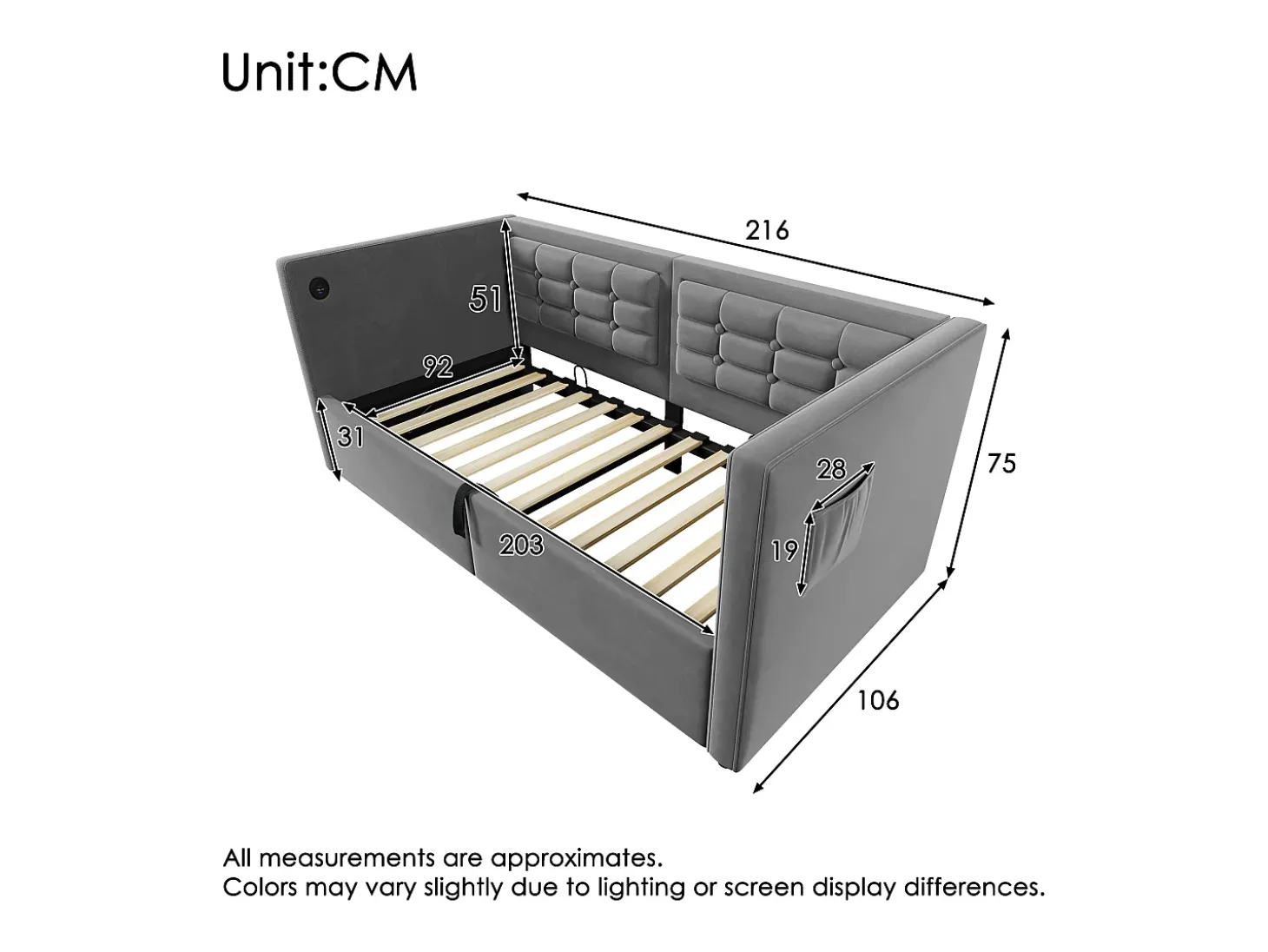Sofá-cama acolchoado 90x200 cm - com espaço de armazenamento - com portas USB e Type-C - Veludo - Cinza