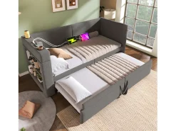 Sofá-cama acolchoado 90x200 cm - com cama extensível 90x200 cm - com portas USB e Type-C - com porta-copos - Cinza (sem colchão)