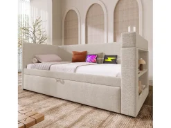 Sofá-cama acolchoado 90x190 cm - com cama extensível 90x190 cm - com portas USB e Type-C - com porta-copos - Bege (sem colchão)