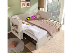 Sofá-cama acolchoado 90x190 cm - com cama extensível 90x190 cm - com portas USB e Type-C - com porta-copos - Bege (sem colchão)