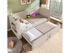 Sofá-cama acolchoado 90x190 cm - com cama extensível 90x190 cm - com portas USB e Type-C - com porta-copos - Bege (sem colchão)