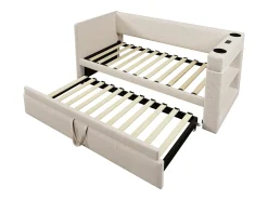 Sofá-cama acolchoado 90x190 cm - com cama extensível 90x190 cm - com portas USB e Type-C - com porta-copos - Bege (sem colchão)